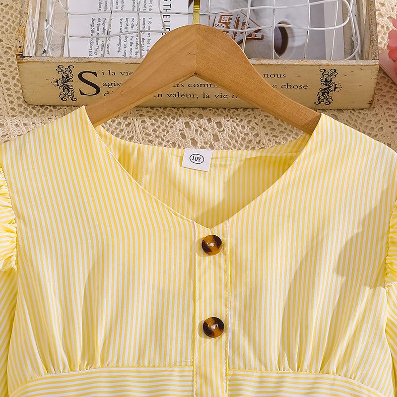 Elegant Striped V-Neck Lace Dress for Big Kids - Autumn European & American Style