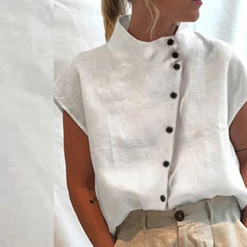 Необычная хлопковая блузка на пуговицах, белый топ, зеленый, черный, воротник-стойка, повседневная рубашка для женщин, рубашки с коротким рукавом