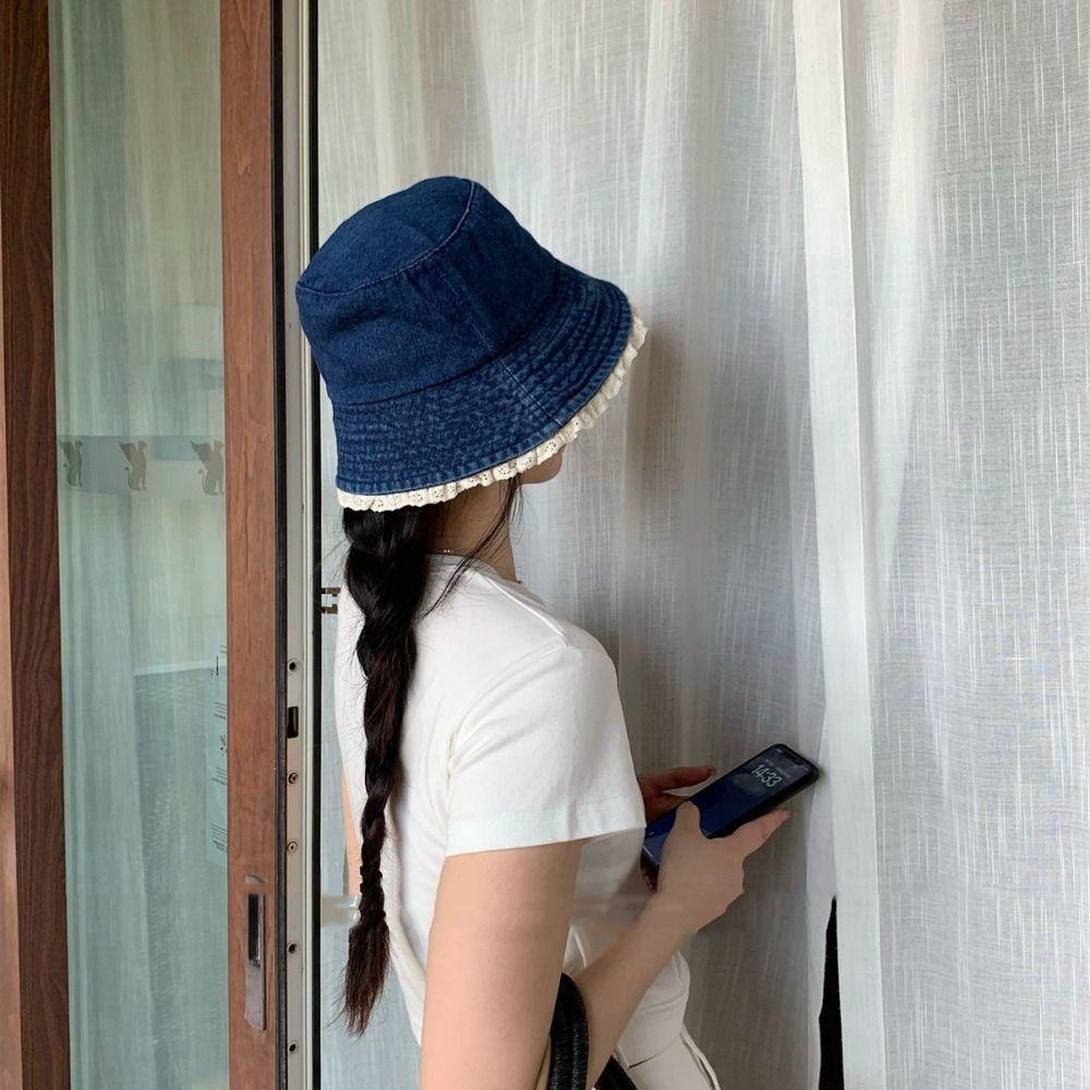 Солнцезащитная кружевная шляпа-панама с широкими полями, милая джинсовая шляпа-ведро для женщин