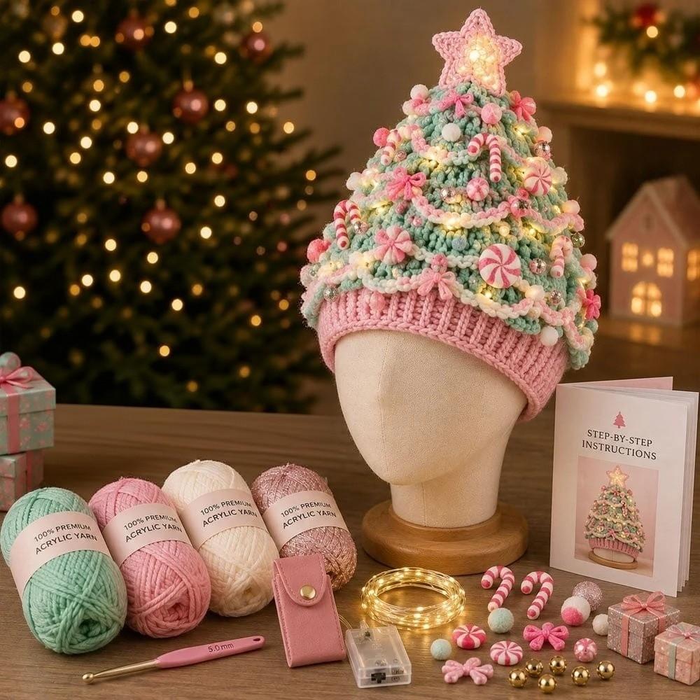 Colorful Handmade Beanie Knitting Hat Set X-mas Tree DIY Hand Crochet Hood Hat Beginners
