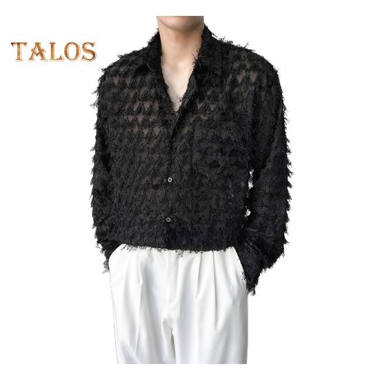 Мужская рубашка с нагрудным карманом и кисточками, отложным воротником, однобортная, с длинными рукавами, однотонная, для праздничной рождественской вечеринки, клубный топ