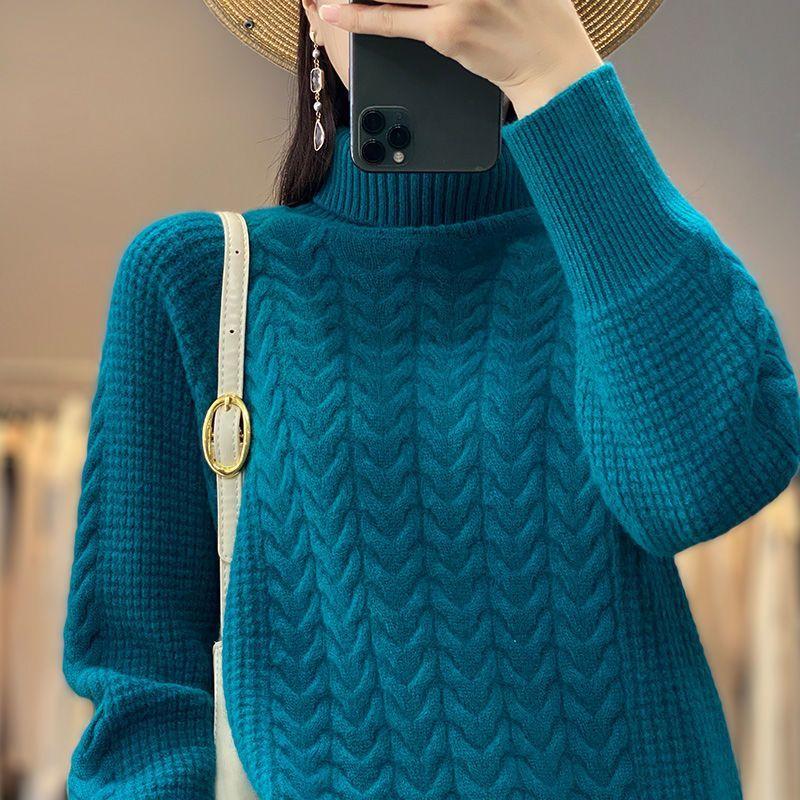 Solid Turtle Neck Cable Knit Sweater, Elegant Long Sleeve Wool Pullover Sweater, Women's Clothing
