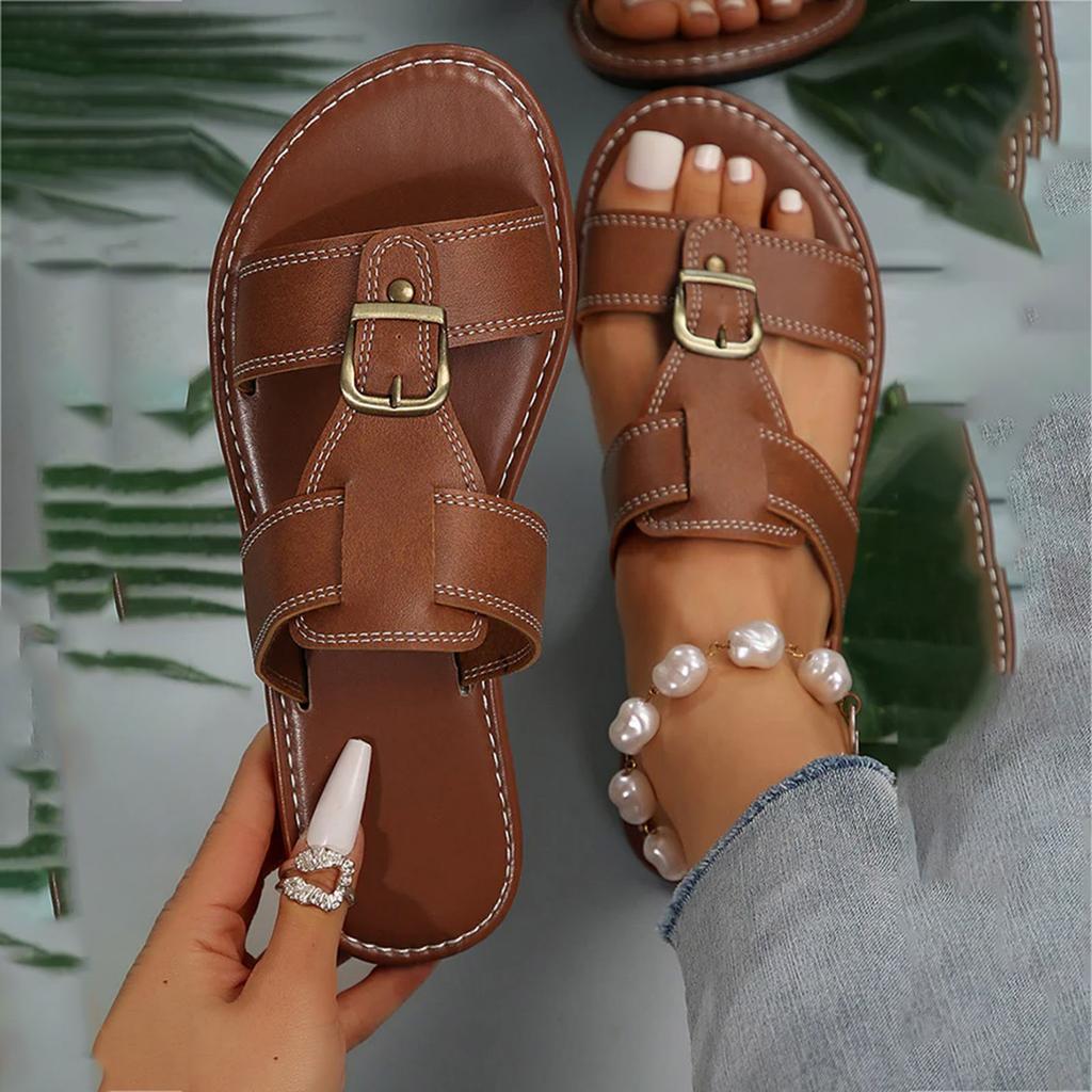 Fashion Vintage Sandals for Women Female Flat Bottomed Square Toe New Chic Summer Sandal Beach Holiday Wide Side Casual Shoes