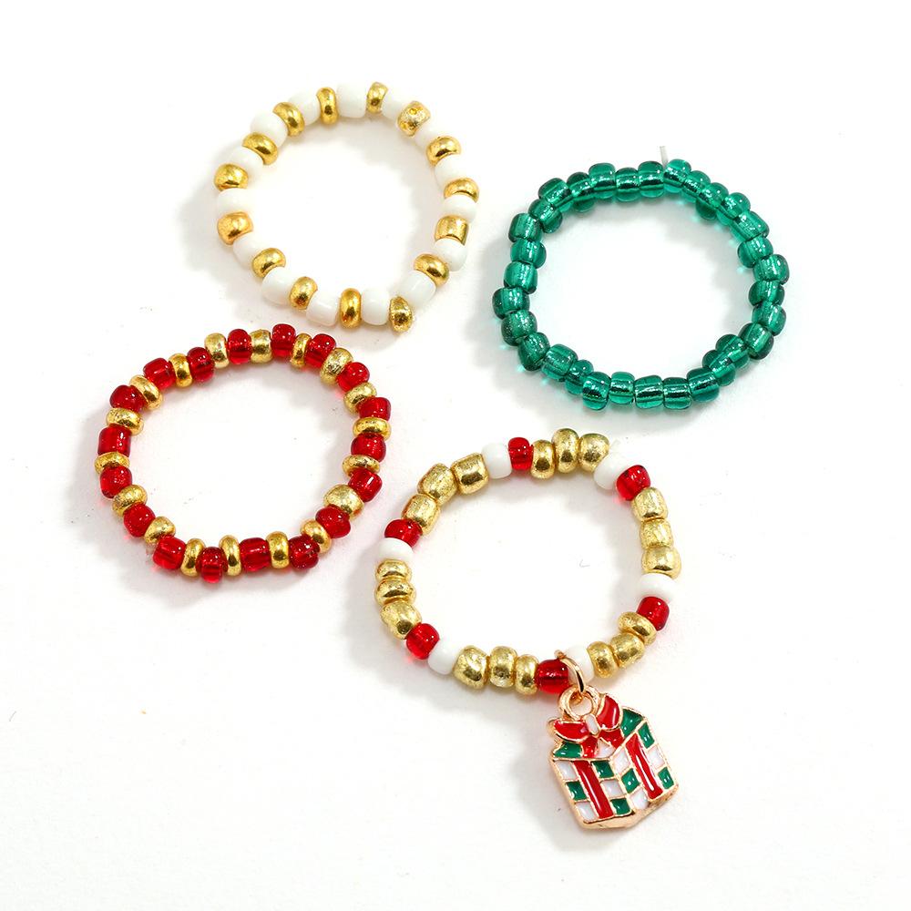 Рождественская серия Цветные рисовые бусины 4-х частей набор колец, Тренд эластичное кольцо для женщин