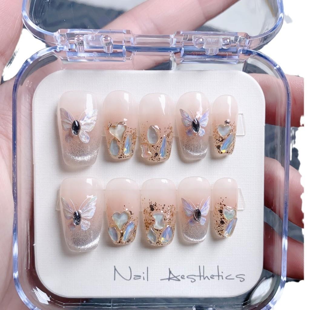 Ручная работа Французский кошачий глаз Бабочка Эльф Телесный цвет Сердце любви Алмазный дрилл Нежный белый Короткие ступеньки Наклейки для ногтей XS S M L Набор из 5