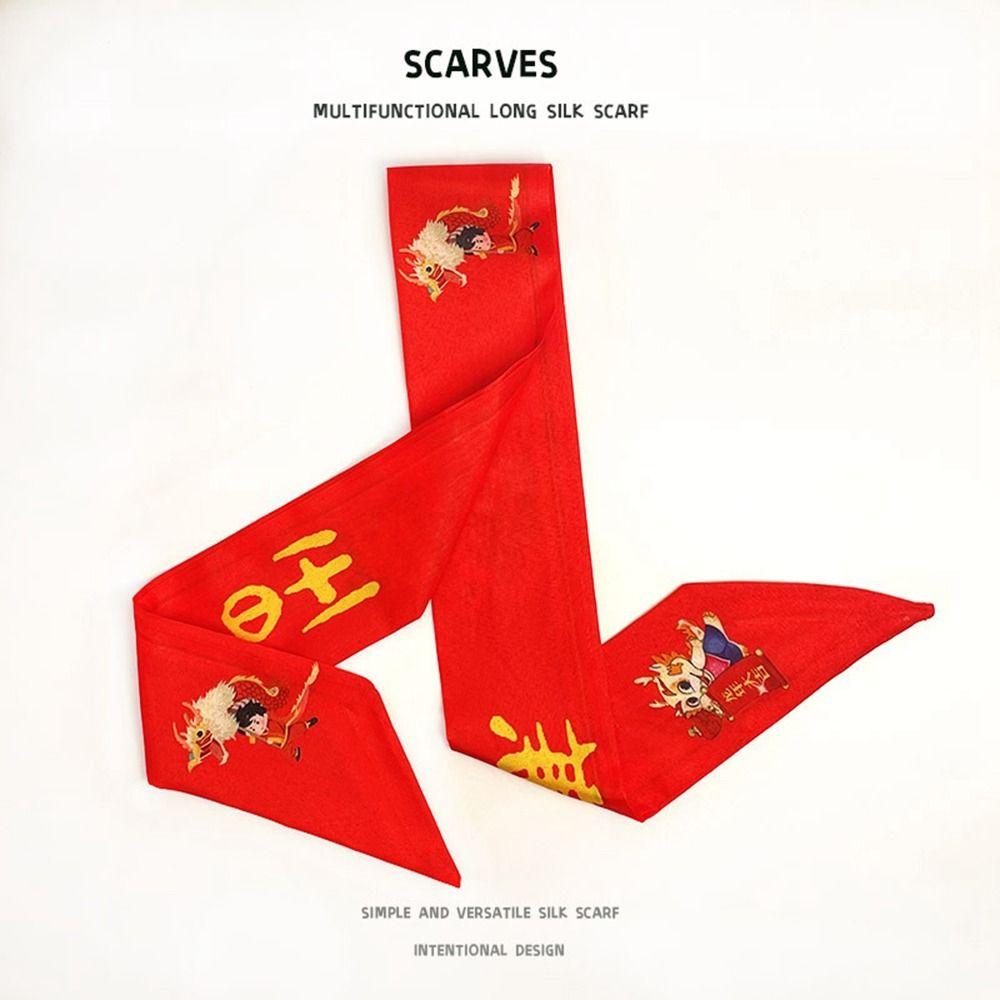 Printed New Year Red Silk Scarf New Year Scarves Scarf Hair Band Long Scarf New Year Decoration