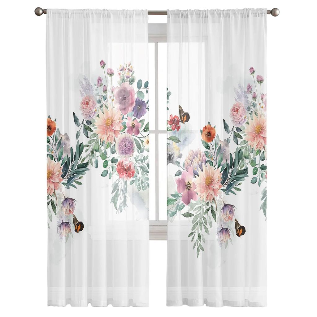 Watercolor Leaves Plants Flowers Butterflies Tulle Voile Curtains for Bedroom Living Room Window Curtain Sheer Organza Drapes
