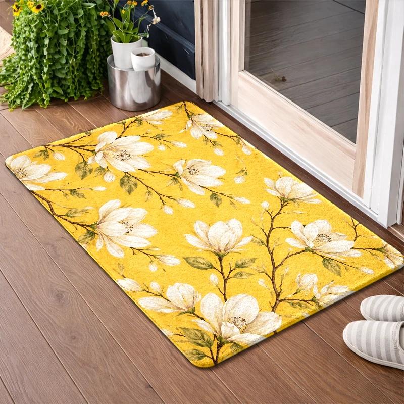 Vibrant Yellow Magnolia Door Mat Non Slip Entrance Rug Home Decor Floor Covering Indoor Outdoor Use Easy Clean Washable