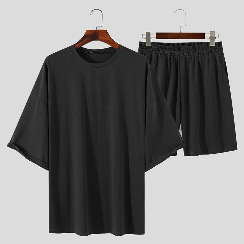 2PCS Summer Sets Oversized Men Short Sleeve Tops Shorts Casual Baggy Homewear Sleepwear