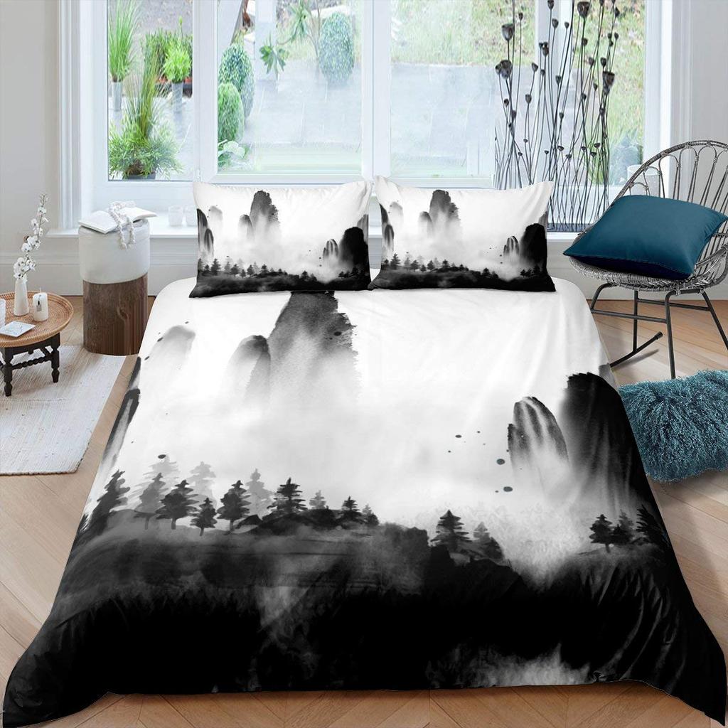 Smoky Mountain King Queen Duvet Cover Grey Fog Pine Trees Bedding Set Retro Natural Scenery Art 2/3pcs Polyester Quilt Cover