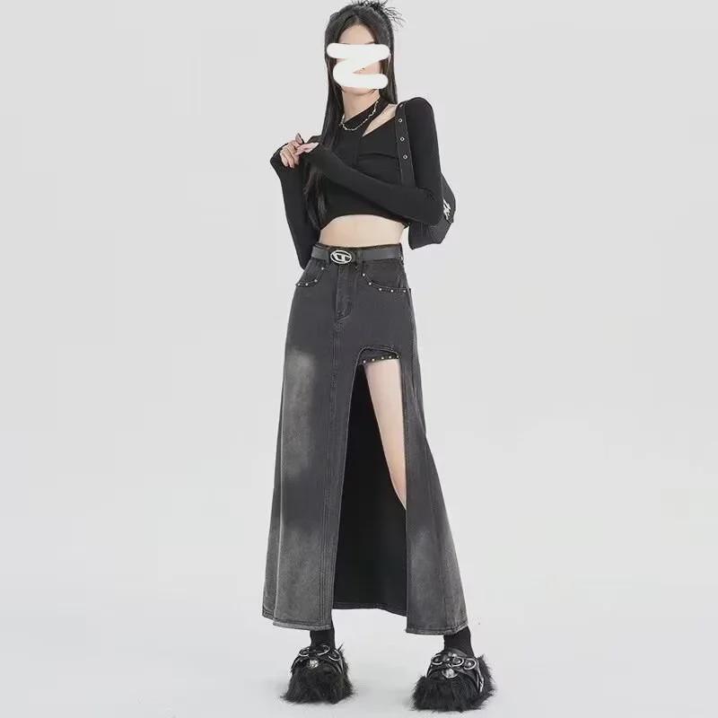 Юбка из денима в стиле ретро с высокой талией и большим разрезом — облегающая и непрозрачная для женщин