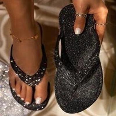 Летние Новые Женские Вьетнамки V-образной формы, Сандалии для ног, Повседневные, со стразами, пайетками, Пляжные сандалии