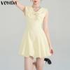 Women Sleeveless Dress Casual V Neck Bow Knot Crochet Hem Ruffled Mini Dresses