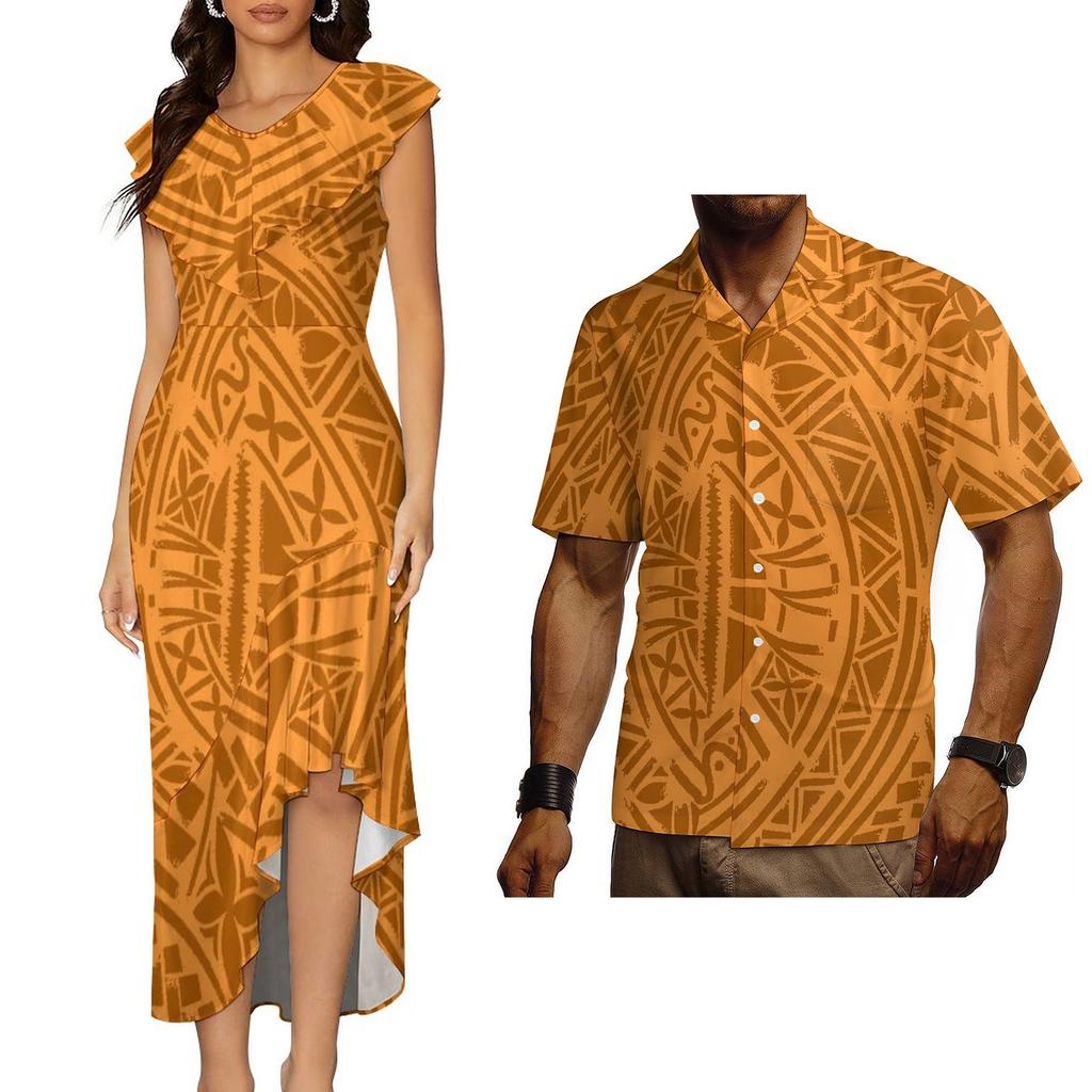 Polynesian Tribal Traditional Samoan Puletasi Dress for Women Custom Elegant Dresses Vintage Floral Dress Couple Set