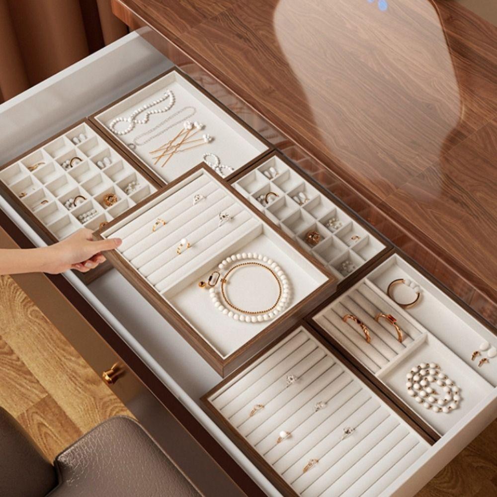 28 Grids Ring Earring Holder Velvet Jewelry Display Tray Wood Rings Tray Jewelry Storage Box