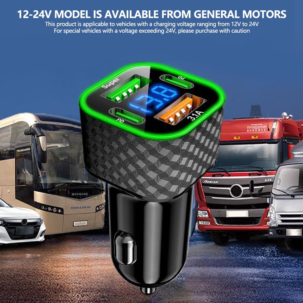 Автомобильное зарядное устройство 4 в 1 Двойное PD с дисплеем напряжения USB Адаптер сверхбыстрой зарядки для смартфона