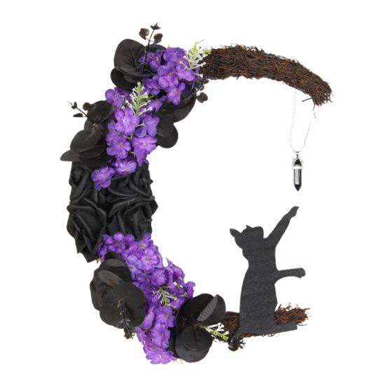 Хэллоуинский венок «Лунный кот» для входной двери, венок в виде полумесяца, табличка с искусственными цветами роз для готического домашнего декора