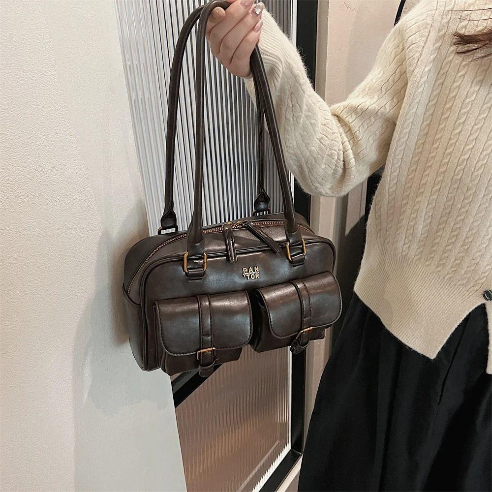 Handbag Pocket Boston Tote Bag Patent Leather Underarm Bag Simple PU Bowling Bag Outdoor