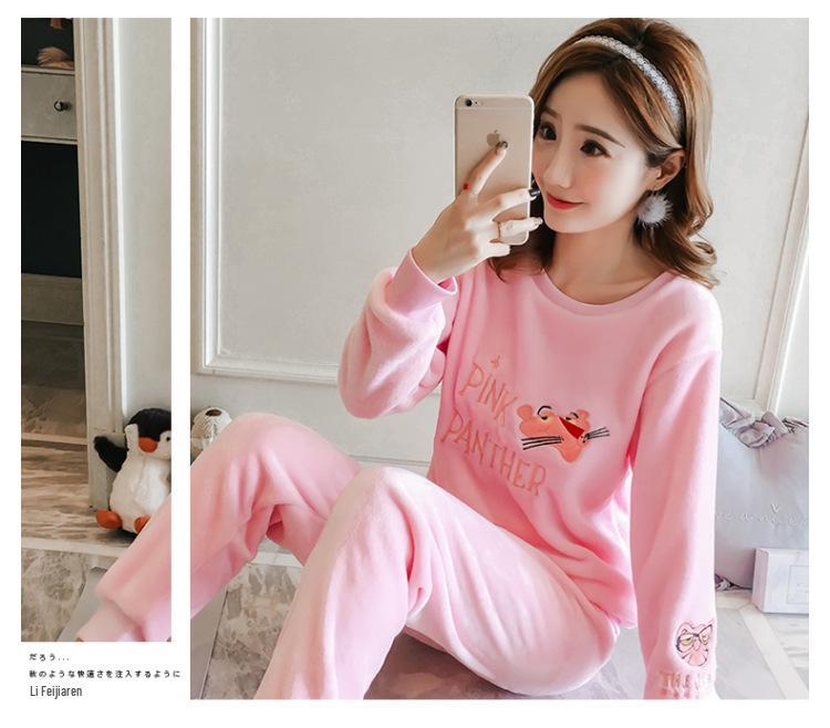 Women's Long-Sleeve Flannel Pajamas - Cute Cartoon Coral Fleece Set for Fall & Winter