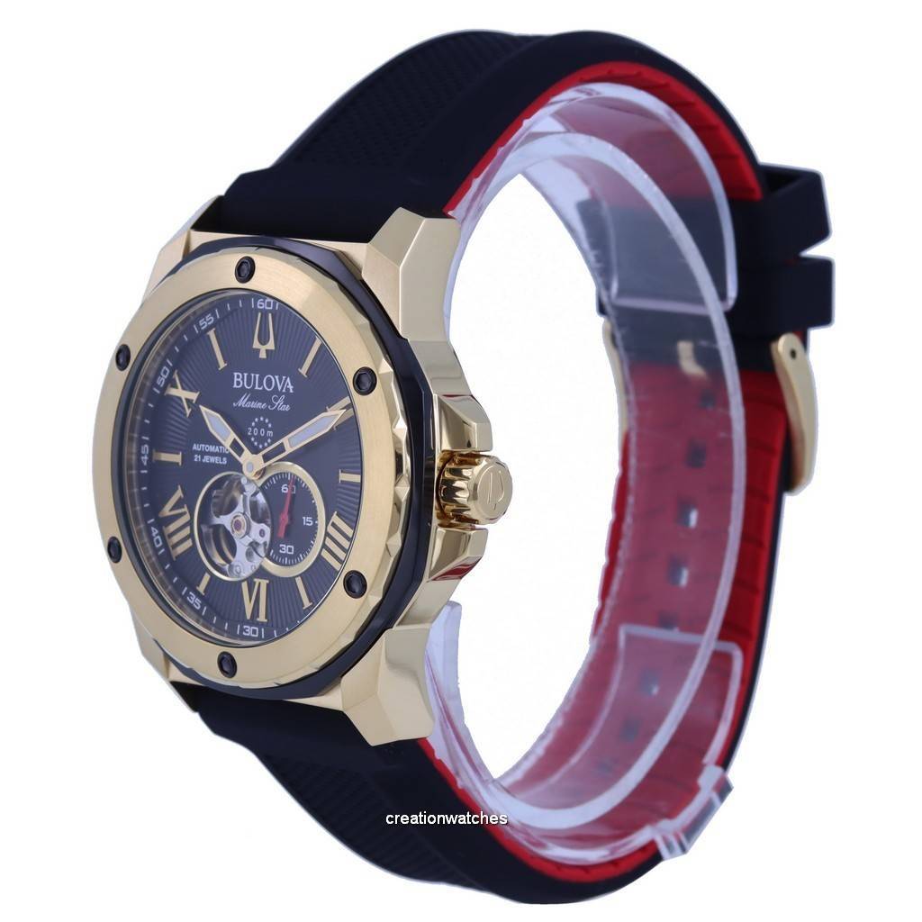 BULOVA Автоматические мужские часы для дайверов Marine Star с открытым сердцем и черным циферблатом 98A272 200M