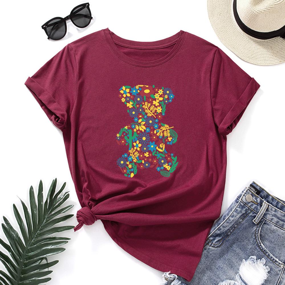 Модная хлопковая футболка с мультяшным медведем, с коротким рукавом и круглым вырезом, женская, с 2D-принтом, топы