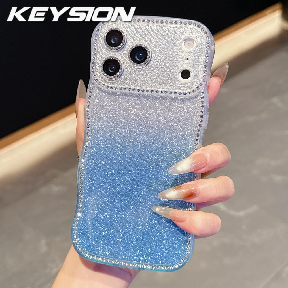 KEYSION Чехол для телефона с градиентом, блестками и стразами для iPhone 16 17 Pro Max Air 16 Plus, с волнистым краем, защитой камеры, противоударный