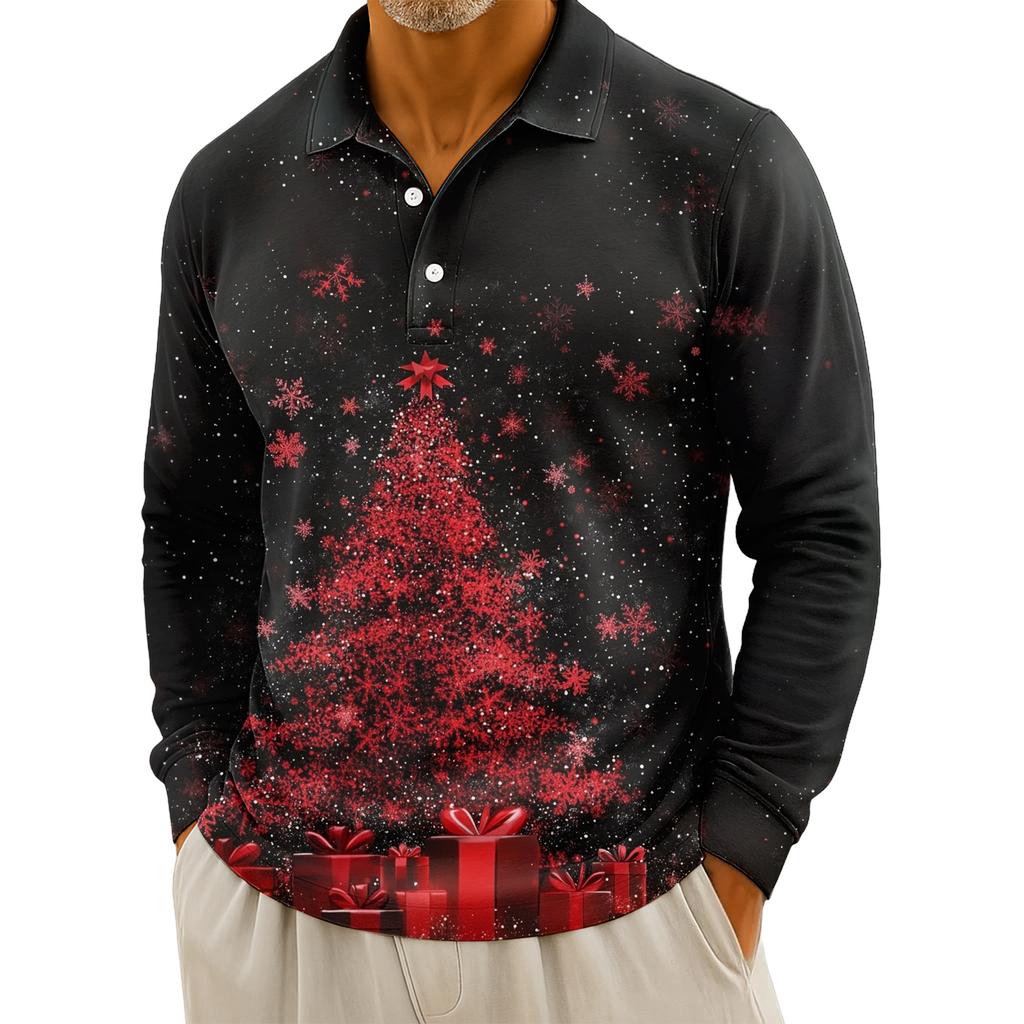 Men's Casual Christmas Print Button Long Sleeve Shirt