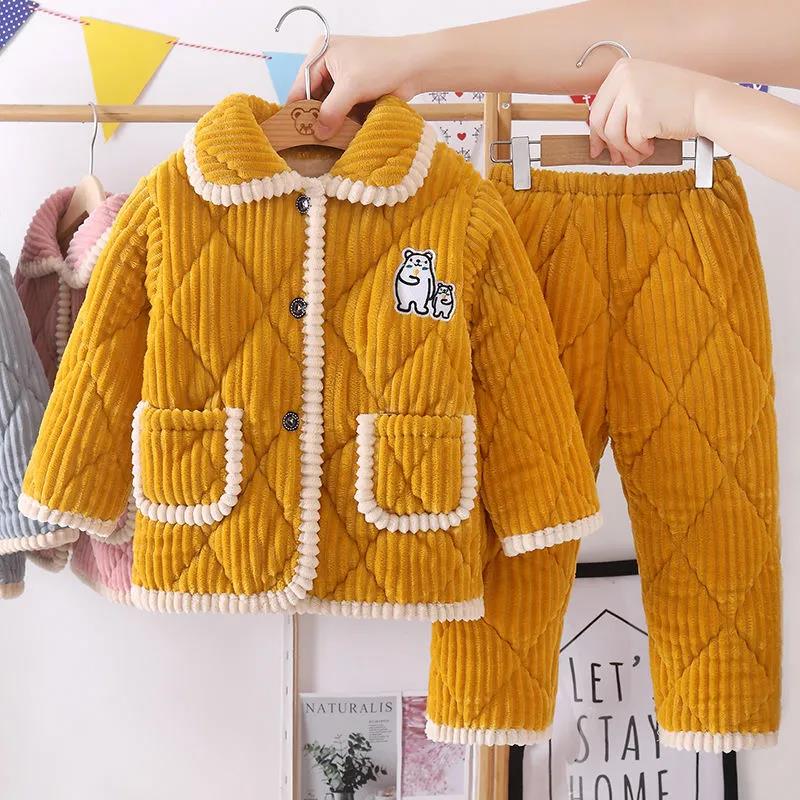 Детские фланелевые пижамы, осенне-зимняя коралловая бархатная утепленная детская хлопковая детская домашняя одежда для мальчиков и девочек