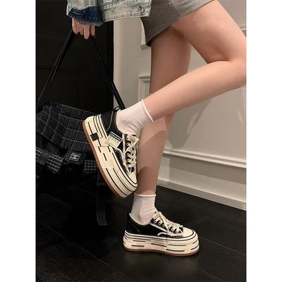 Калифорнийский колледж повседневный стиль грубой кромки нищенские туфли женские 2025 новые парусиновые туфли на толстой подошве с завышенной круглой головкой на шнуровке