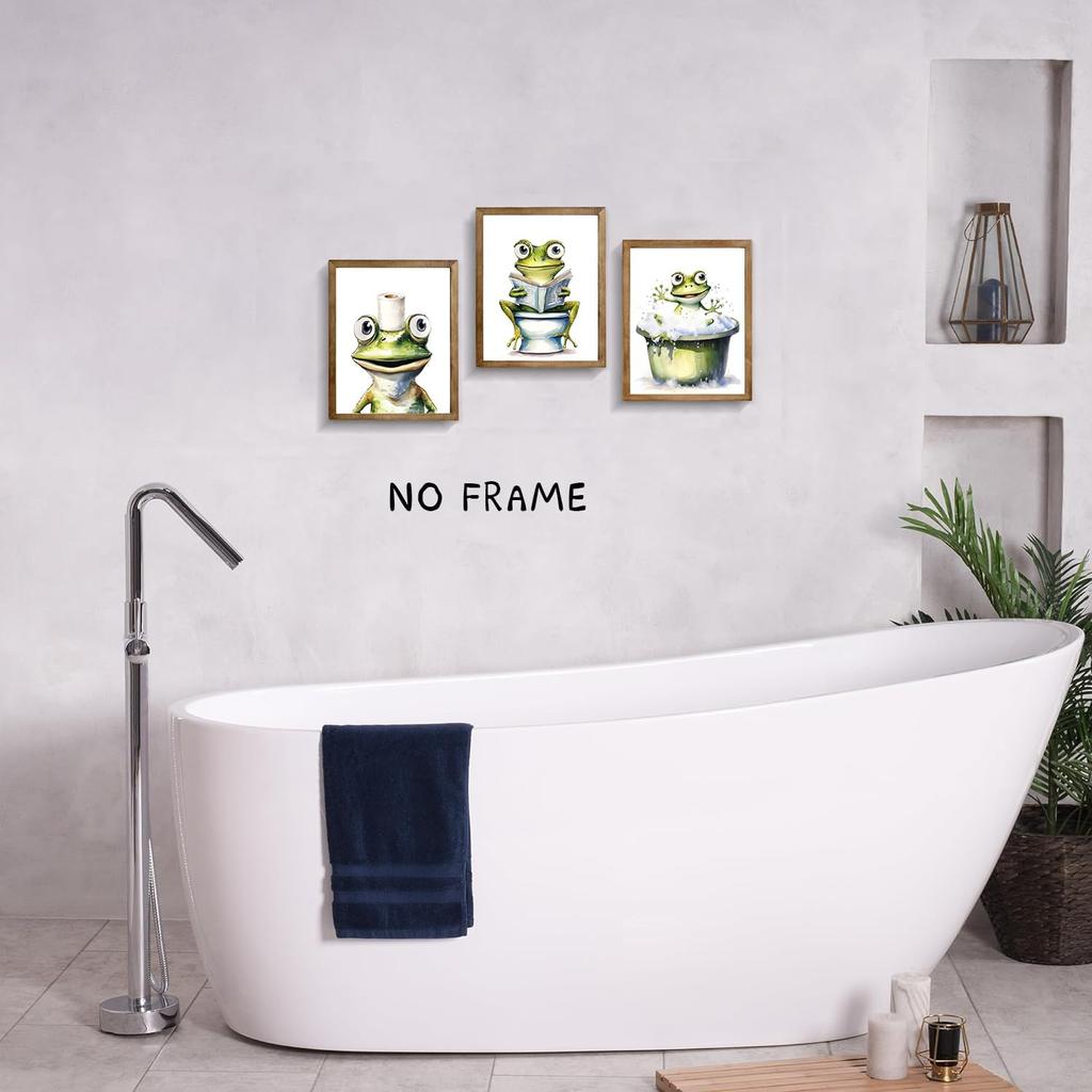 GMLXCX Funny Frog Bathroom Decor Wall Art, Cute Frog Sitting on Toilet Decor Art Poster, Funny Bathroom Sign Canvas Print Set of 3 (8''x10'',