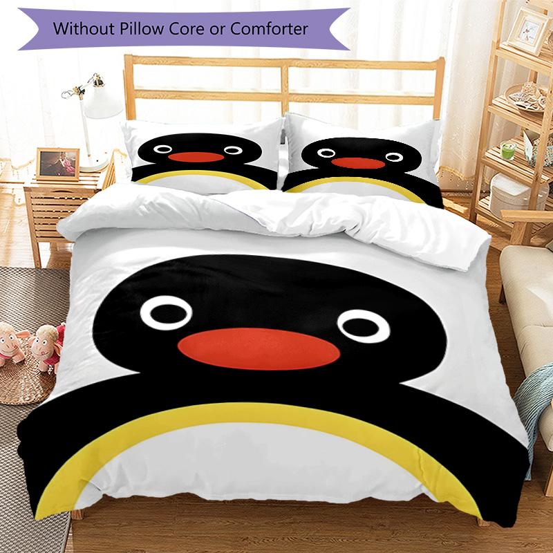 3pcs Pingu1 Design Cover Set - HD Printed Bedding with 1 Cover and 2 Pillowcases - Perfect for Home and Dorm Decor