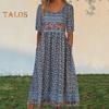 Summer Lady Dress Pleated Ethnic Style Print A-line Loose Hem Side Pockets Round Neck Soft Bohemian Short Sleeves Mid-calf Length Women Daily Midi