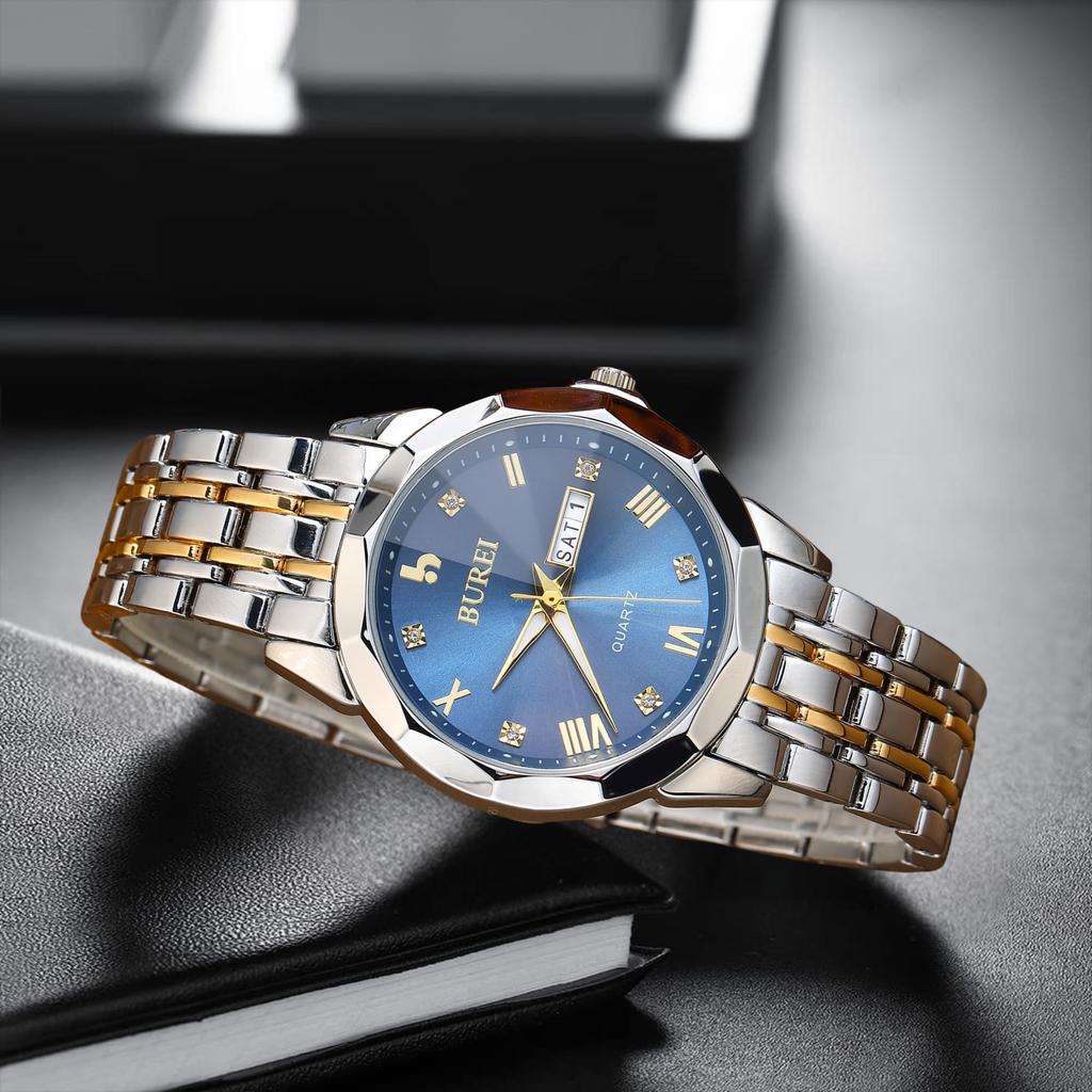 BUREI Аналоговые кварцевые часы с большим циферблатом и бриллиантами Стильные и роскошные водонепроницаемые часы для свиданий Простой и повседневный дизайн с браслетом из нержавеющей стали