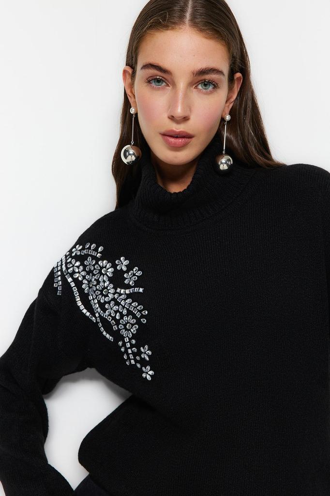 Women's Fashion Stylish Sweater Black Soft Textured Stone Detailed Turtleneck Knitwear Sweater