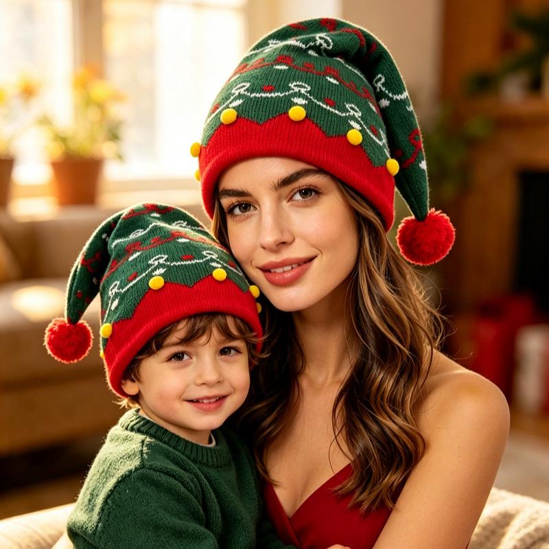 Красная Рождественская Вязаная Шапка с Помпоном для Родителя и Ребенка