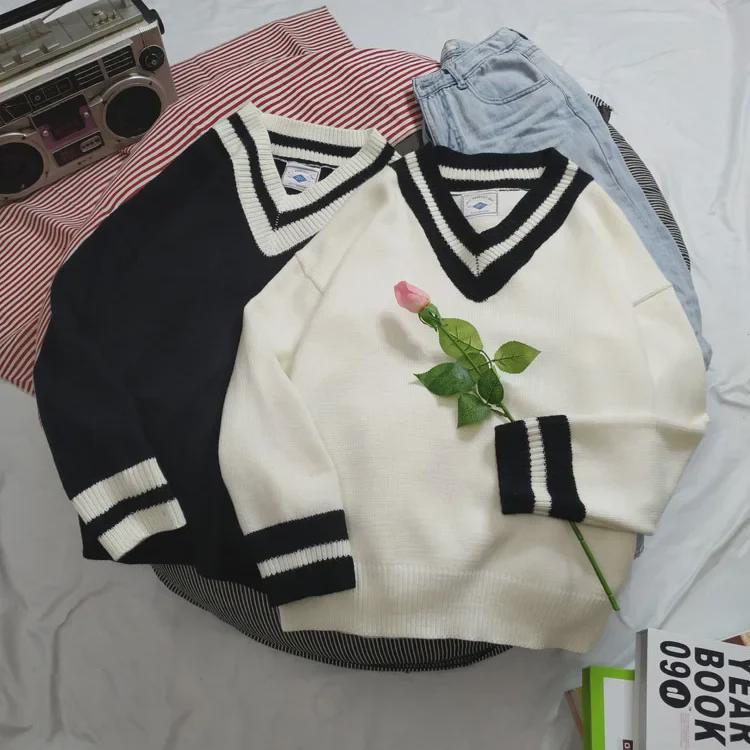 Мужской свитер в стиле колледжа с V-образным вырезом — модный корейский осенний трикотаж для пар и молодежи