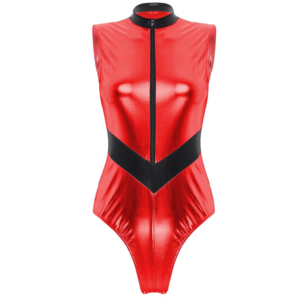 Women Halloween Astronaut Cosplay Costumes Shiny Metallic Zipper Sleeveless Bodysuit Catsuits