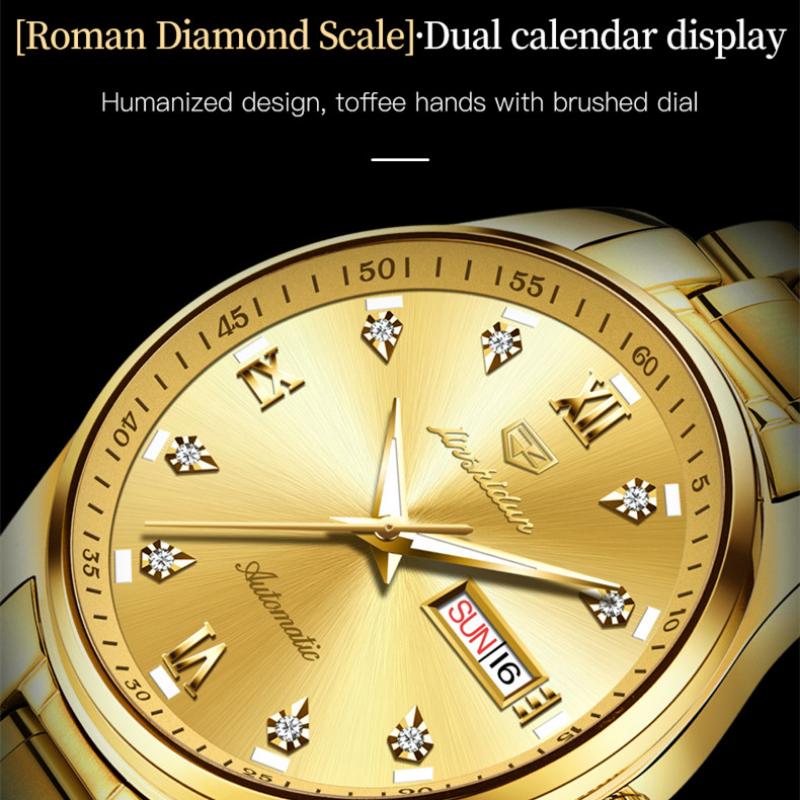 JINSHIDUN Новые деловые и развлекательные мужские часы, полностью автоматические механические часы с двойным календарем и ночной подсветкой, водонепроницаемые часы высокого класса