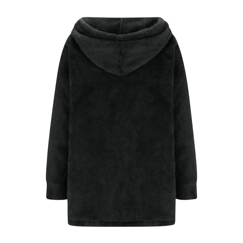 Women's Fashionable Solid Color Long Sleeved Pocket Loose Hooded Button Plush Jacket