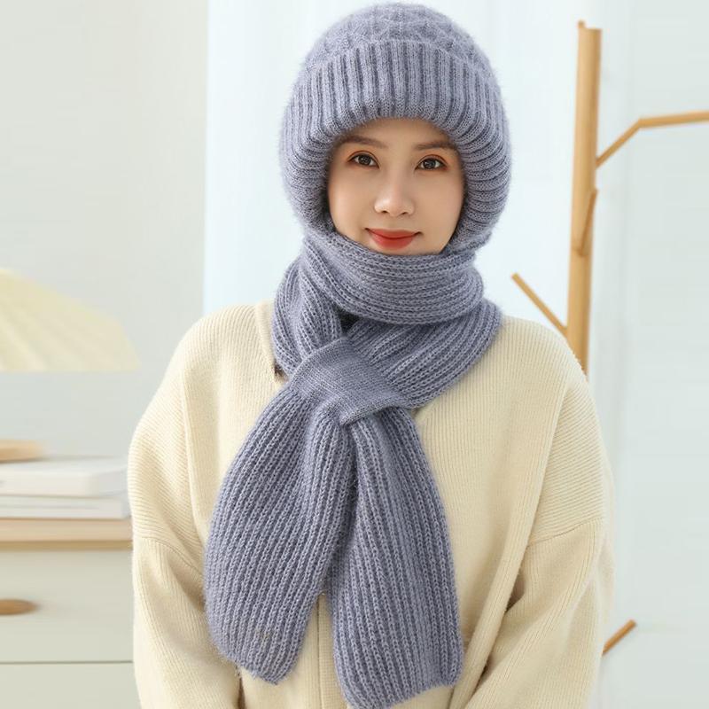 1 Set Thick Plush One-piece Hats Scarf Lady Solid Color Beanie Ear Protection Windproof Winter Cap Warm Knit Hooded Hat Scarf