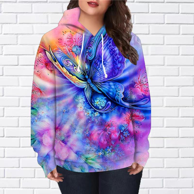 Женская мода Синий ветер Chime Бабочка Принт Свободные толстовки Топы Блузка Толстовка Повседневный Длинный рукав Пуловер Топы