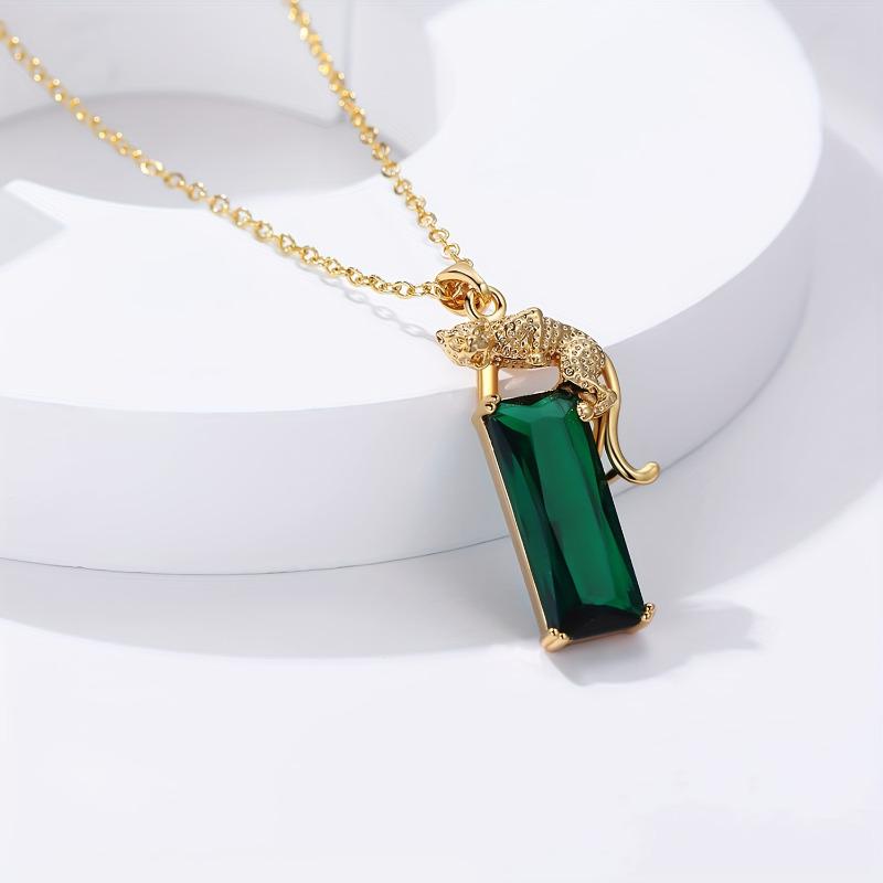 Fashion Green Leopard Rectangular Crystal Earrings Necklace Bangle 3 Piece Set Banquet Wedding Jewelry Set Birthday Gift