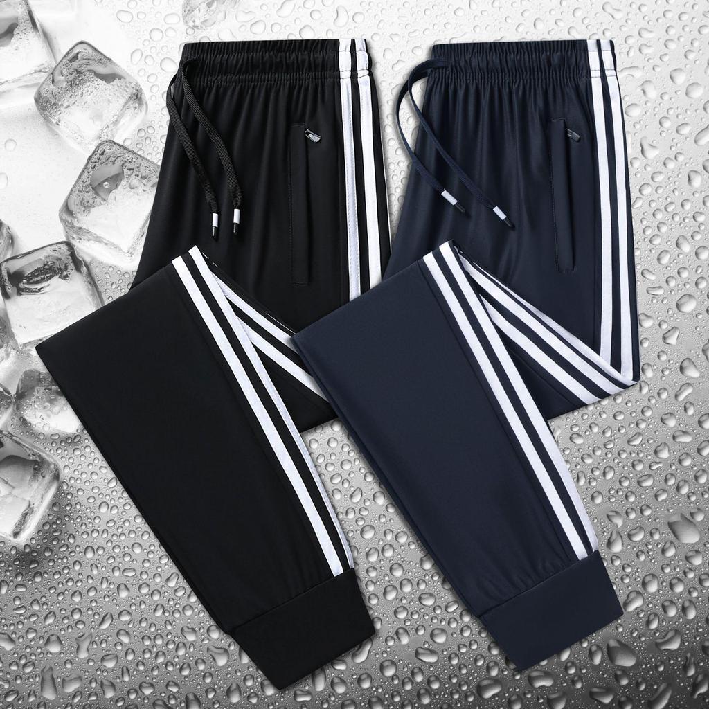 Men's Casual Ice Silk Pants - Lightweight, Loose-Fit, Breathable Three-Stripe Design, Perfect for Summer Outdoor Sports.