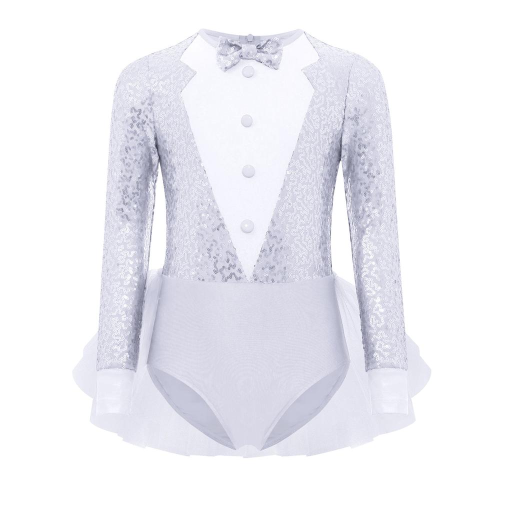Girls Jazz Dance Costume Sparkly Sequins Bodice Tulle Skirted Leotard Long Sleeve Back Invisible Zipper Bodysuit