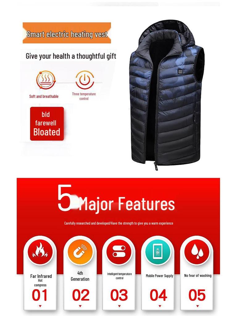 Мужской зимний жилет с капюшоном с подогревом - Электрический, Теплый, Хлопковый, Плюс Вельвет