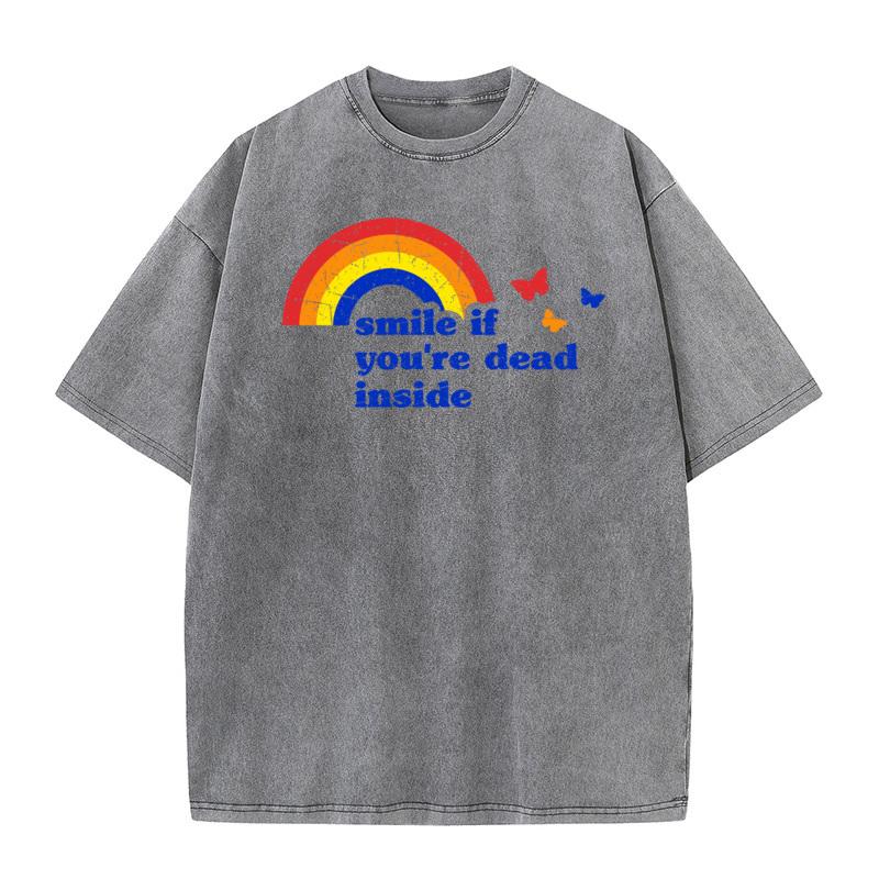Pure Cotton Unisexs Short Sleeve Smile if Dead Washed T Shirt Casual Tops Tees Graphic Cool Crew Neck Washed Tees