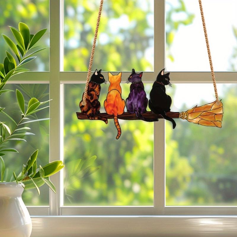 Elegant Colorful Cats with Broom Design Window Hanging Ornament Compacts Size Acrylic Suncatchers Home Garden Decors