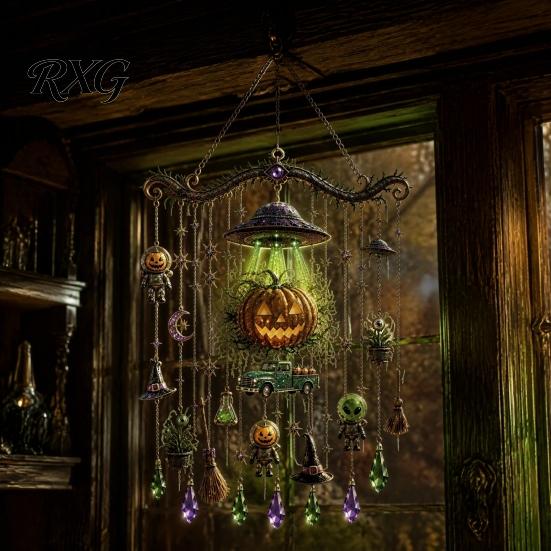 UFO Pumpkin Decor Halloween Wind Chimes, Acrylic Spooky Sun Catcher for Window Garden Yard, Gothic Festive Home Accessories Hanging Pendants