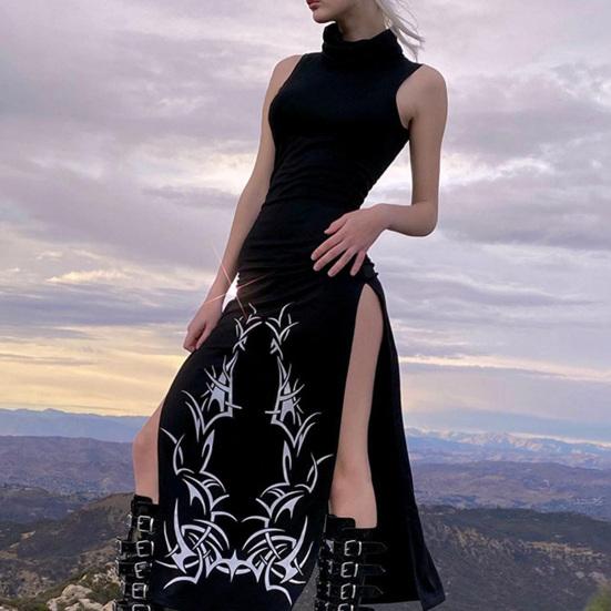 Turtleneck High Elegent Beauty Lady Dress Dress Women Gothic Print Sleeveless Women Dress Split Midi
