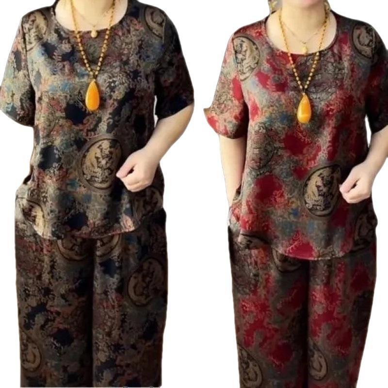 Летний костюм для мамы среднего и пожилого возраста, модный свободный комплект из двух предметов с принтом в стиле ретро, стройнящий